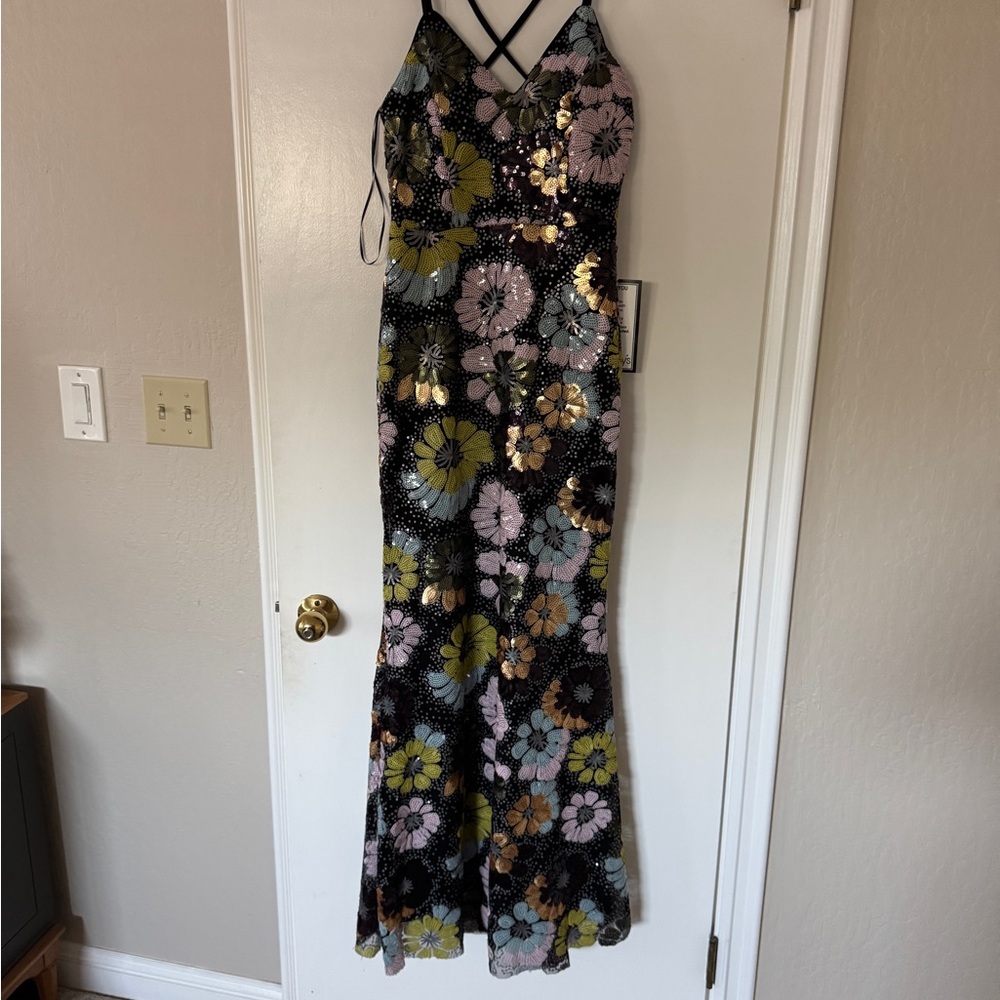 Morgan & Co NYC  Floral Sequin Prom Dress - Black, Pink, Green, Gold